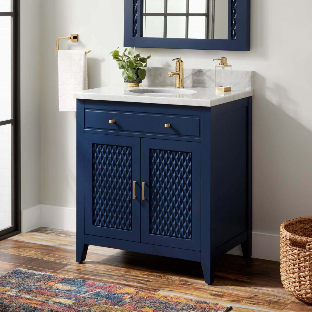 Navy blue and silver bathroom