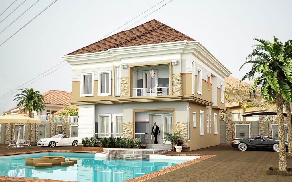 2 storey house design in nigeria white and Brown colour tone with pool in front