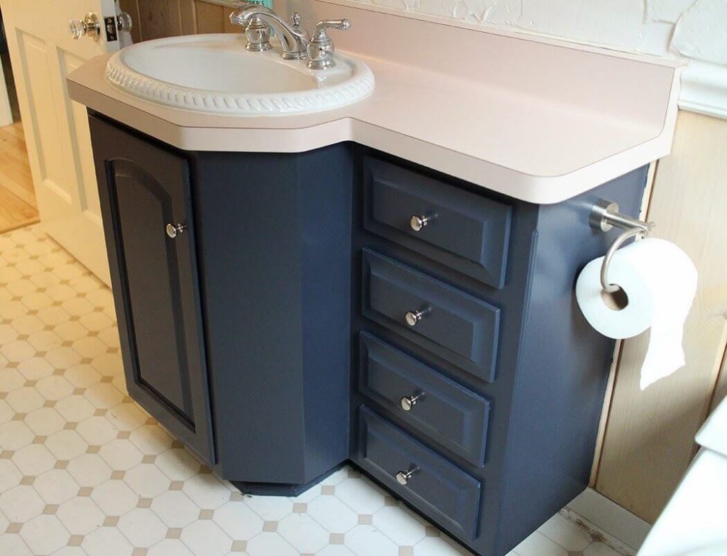 Navy Blue Bathroom Vanity With Gold Hardware