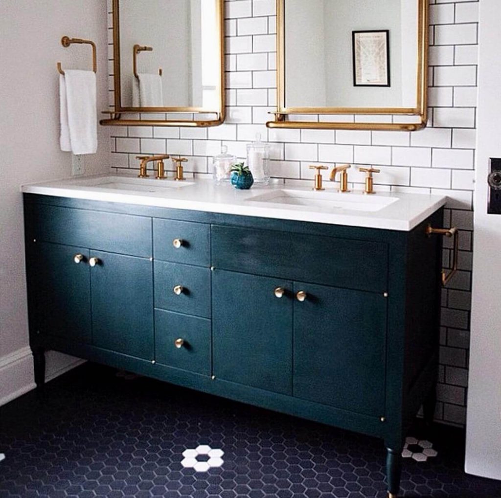 Bathroom with navy vanity