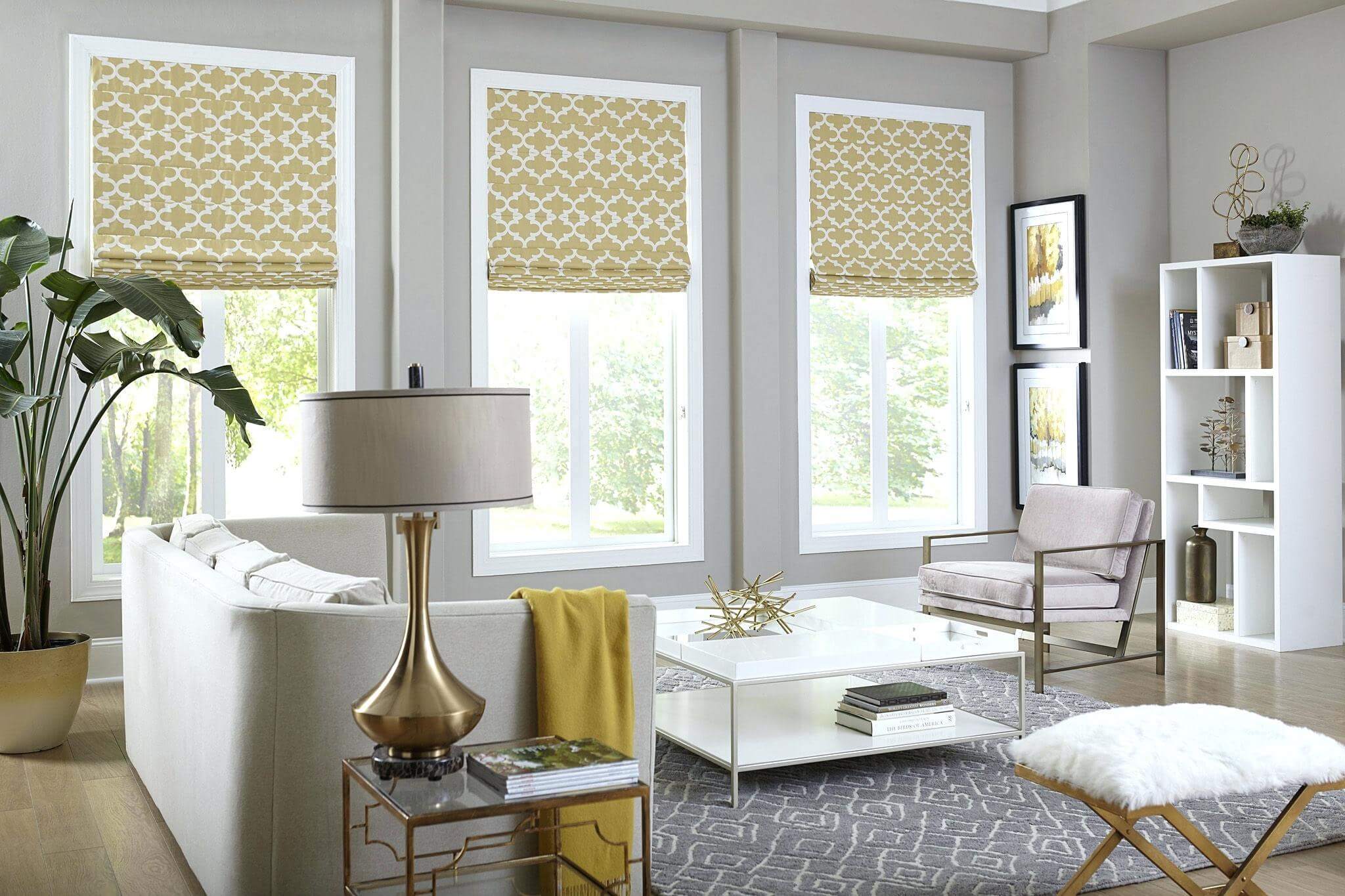 Living Room Windows With Wooden Blinds