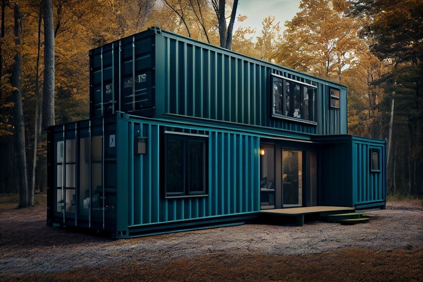 Two Storey container Desing Blue hues a glass door entry with small stairs and waking area.