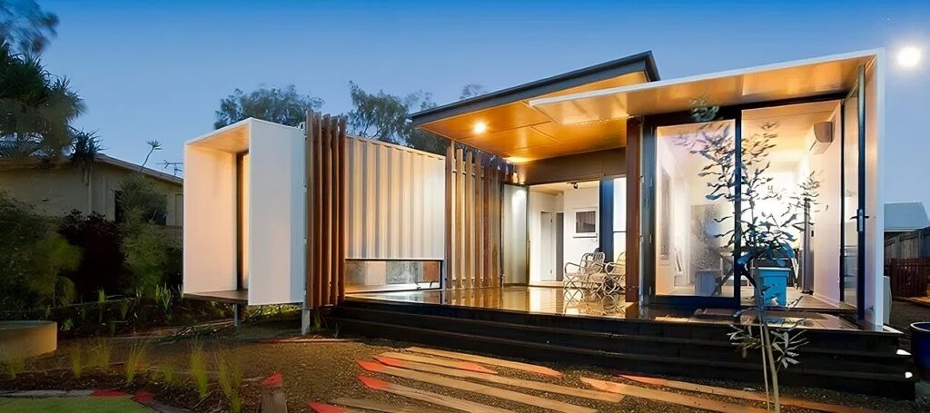 Modern Beach House Container house design with flat rooftop amazing Lighting big glass sliders window and large Walking and entry area