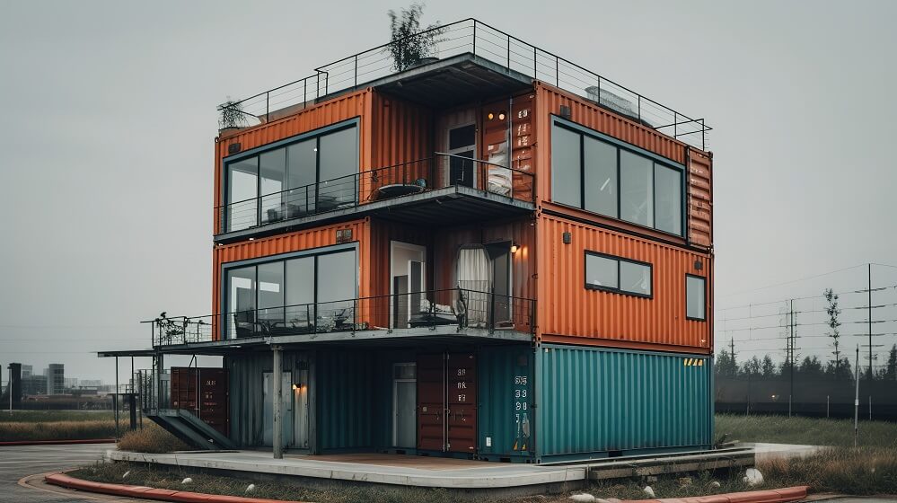  Three Storey Container Apartment with balcony First floor Blue hue and Second and third floor of orange hue. Big Container house