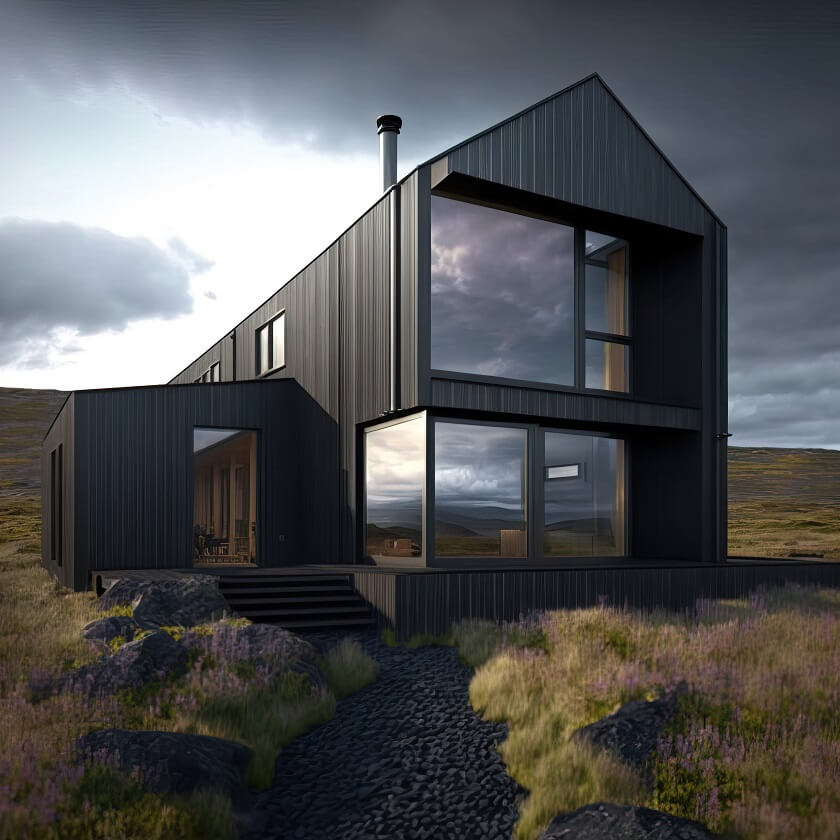 Minimalistic black duplex Container Home in Iceland with large glass windows 