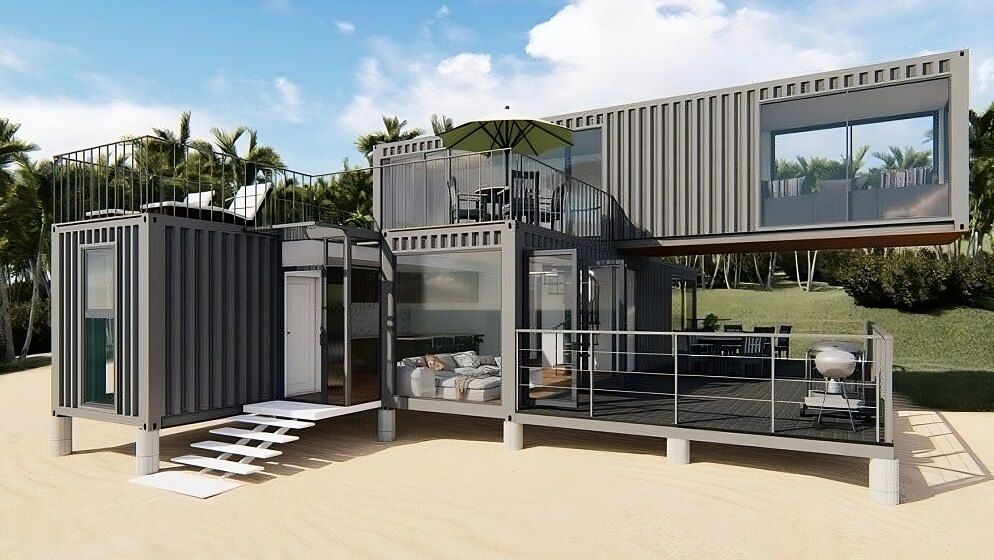 Black Modern Shipping Container Home with large glass window and Sitting Area