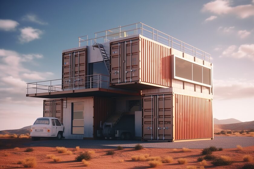 2 Floor shipping container rust copper hue look with the white car parked in front and small stair 