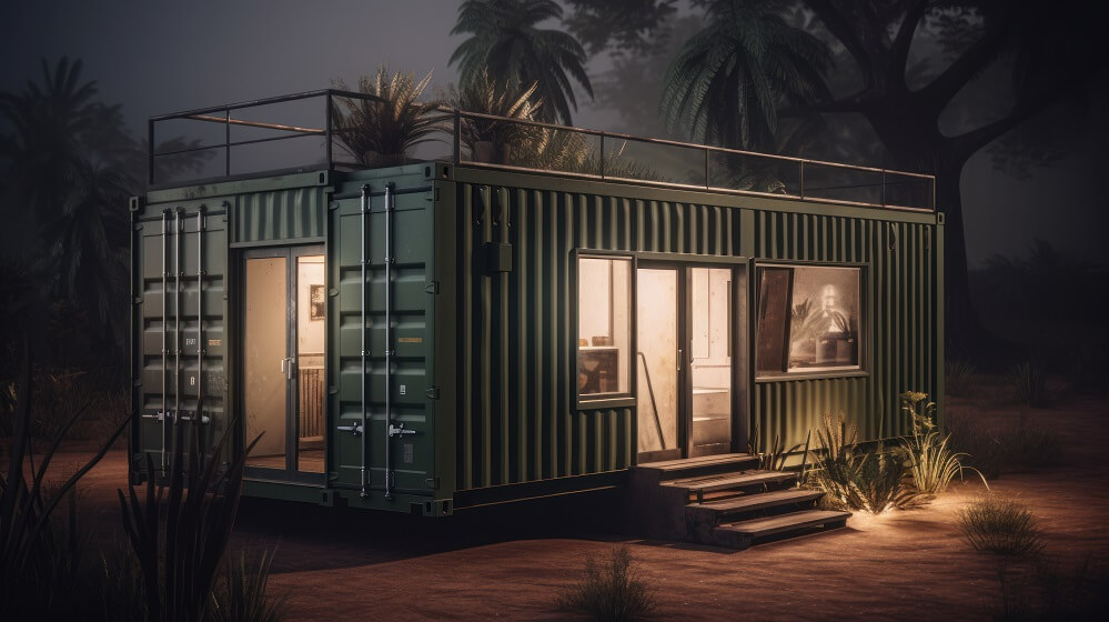 Small Shipping Container Home with two door entry, amazing lighting inside container, plants nearby