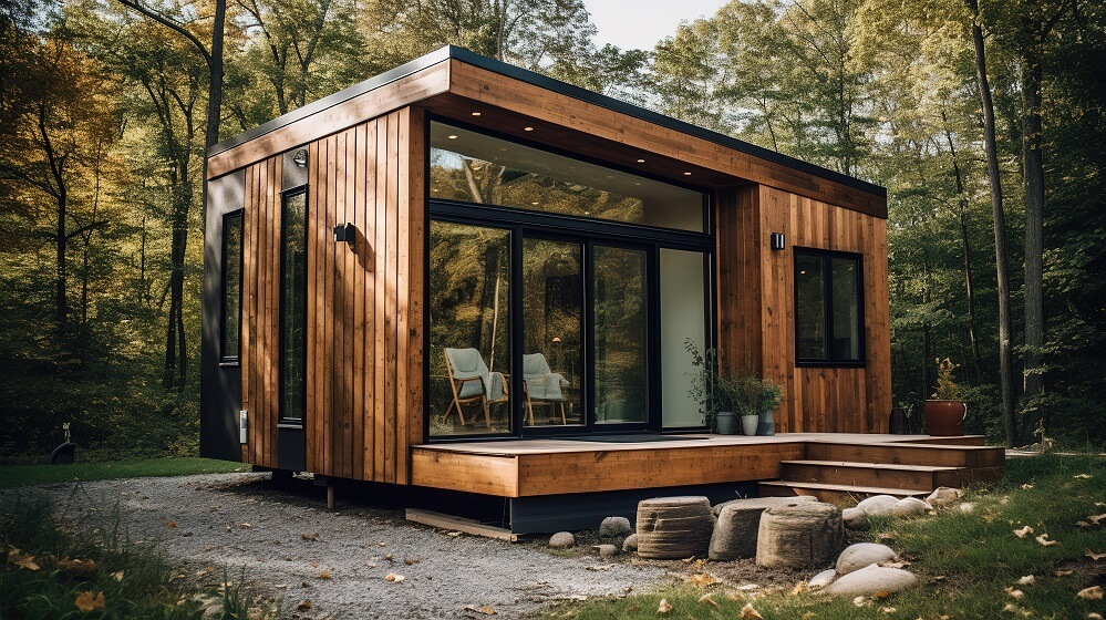 Single floor Box wooden Container home with large Window door with inside Sitting area