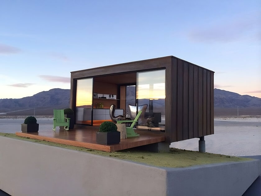 small Modern Container house two side open with the sitting area include chairs, plants, and small gadern