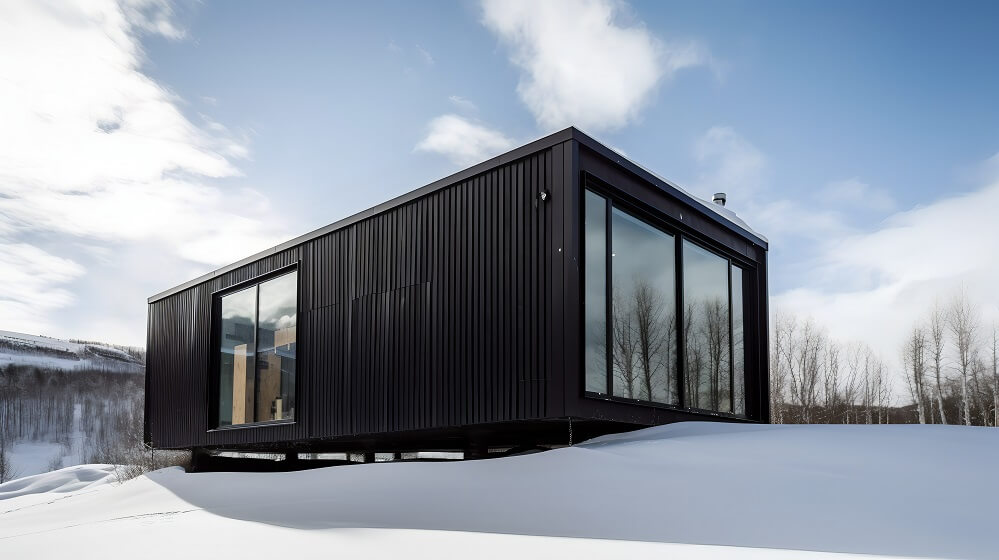 Black Single floor Container design with two sides large glass wall surrounded by snow