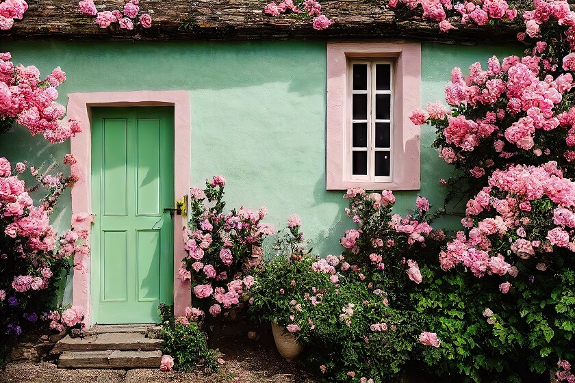 Amazing looking Sage green Front door and surroundaded by pink flowers and plants