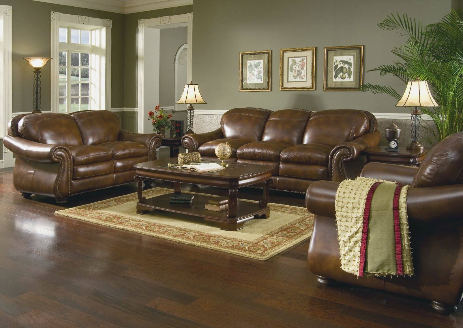 Open Living Room With Brown Leather Furniture