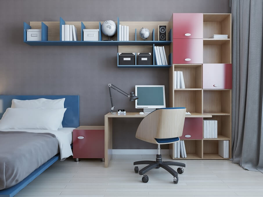 Color Combination of room blue and grey room with study table and box shelfs