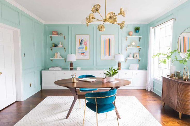 Light Blue Wall with Gold Decor for Girl Boss Office