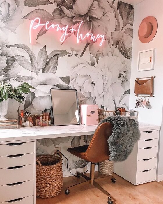 Paper Flowers Wall with Farmhouse style Chair and Neon Light For Female Office