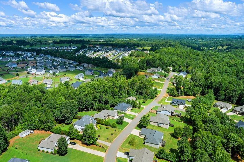 aerial view boiling springs town urban landscape small sleeping area roofs houses countryside south carolina usa