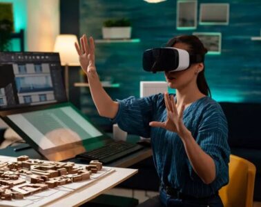 a girl with VR on her face and doing Gestures