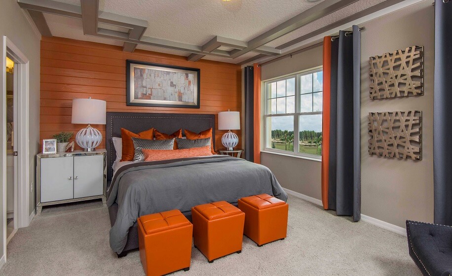 Grey and Rusty Orange Interior of bedroom