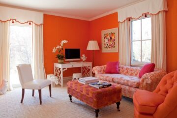 Contemporary Rusty Orange and white curtains Living Room