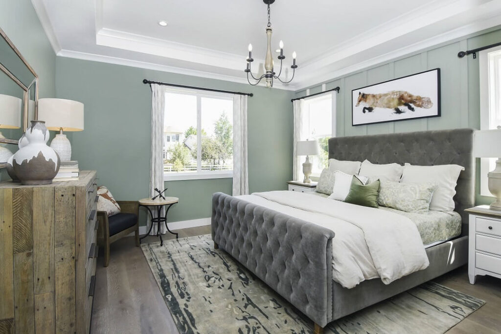 sage green and Grey Bedroom 