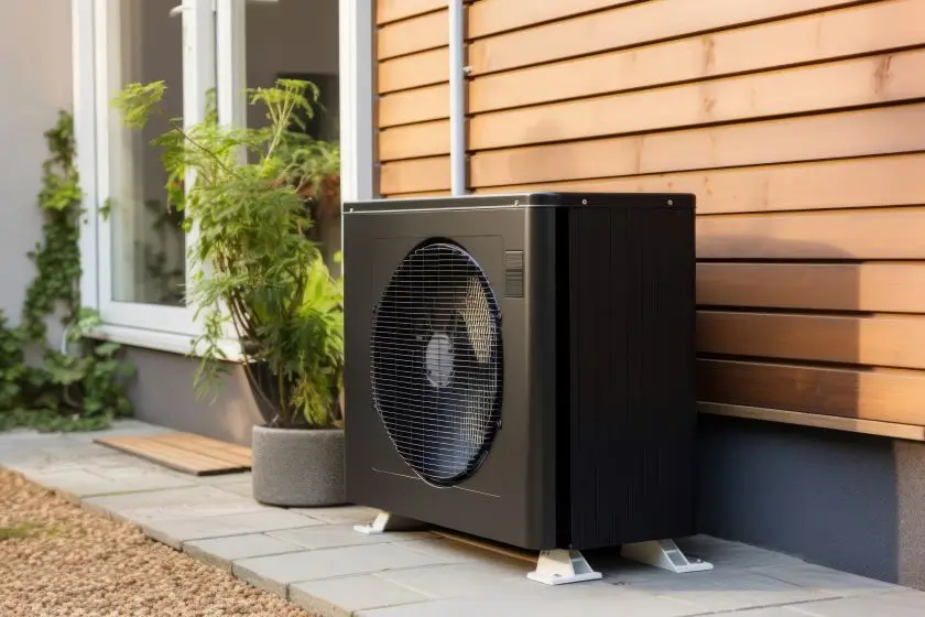 black Benefits of Air Source Heat Pumps outside house on ground