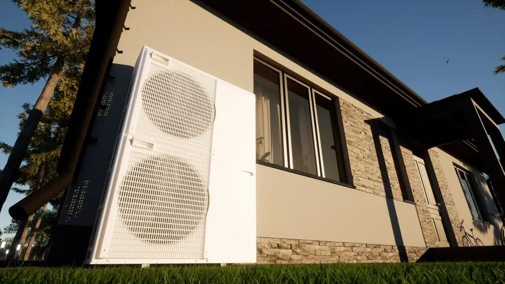 White Double Air Source Heat Pumps Outside house