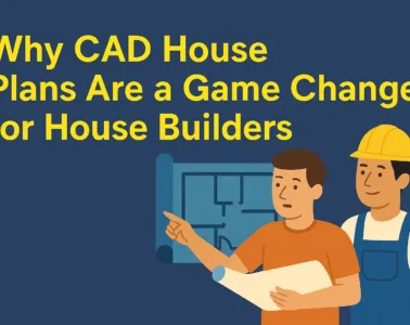 Two builders reviewing CAD house plans on a blueprint screen, highlighting why CAD floor plan design is a game changer for the house building process.