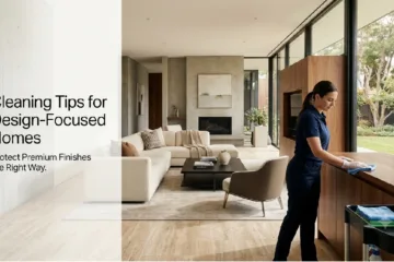 Professional cleaning of a modern design-focused home with natural stone flooring, hardwood surfaces, and premium interior finishes.