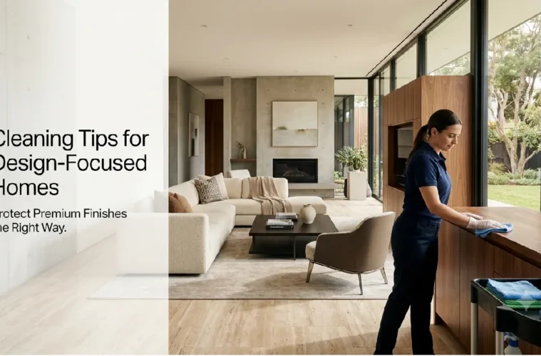 Professional cleaning of a modern design-focused home with natural stone flooring, hardwood surfaces, and premium interior finishes.
