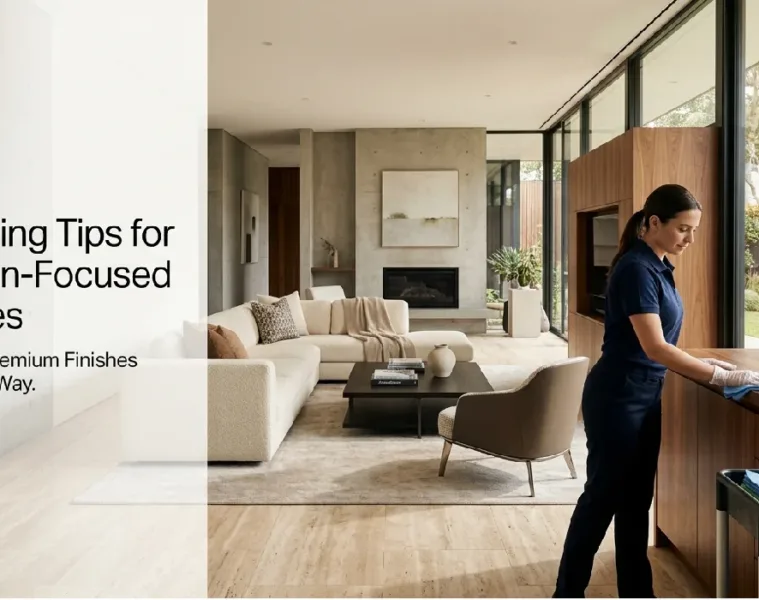 Professional cleaning of a modern design-focused home with natural stone flooring, hardwood surfaces, and premium interior finishes.