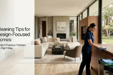Professional cleaning of a modern design-focused home with natural stone flooring, hardwood surfaces, and premium interior finishes.