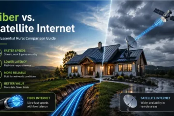 Fiber optic and satellite internet comparison for a rural home with modern broadband connectivity.