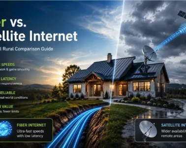 Fiber optic and satellite internet comparison for a rural home with modern broadband connectivity.