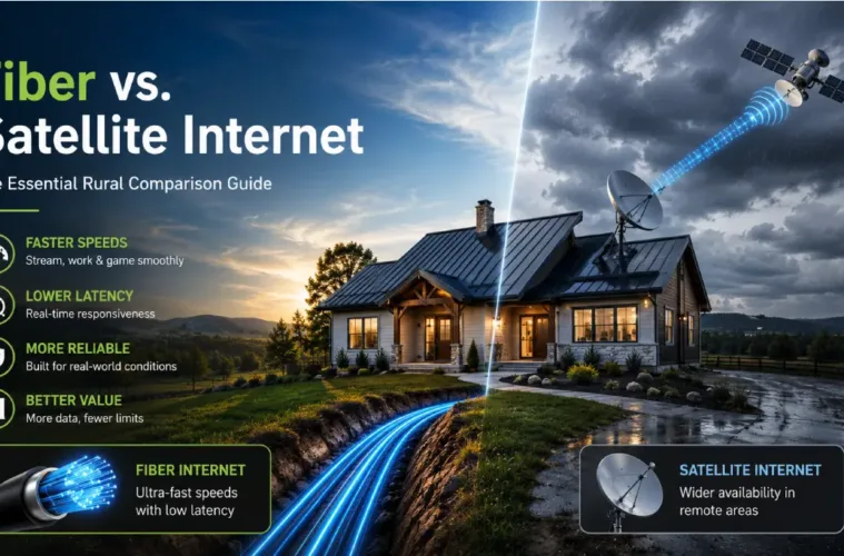 Fiber optic and satellite internet comparison for a rural home with modern broadband connectivity.