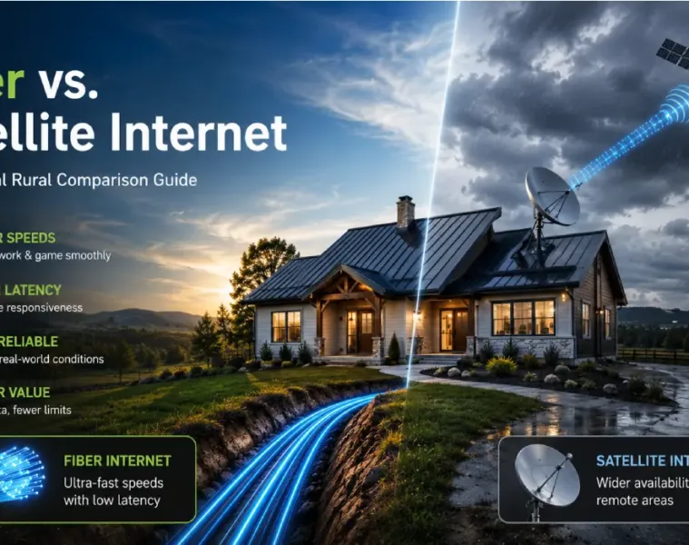 Fiber optic and satellite internet comparison for a rural home with modern broadband connectivity.